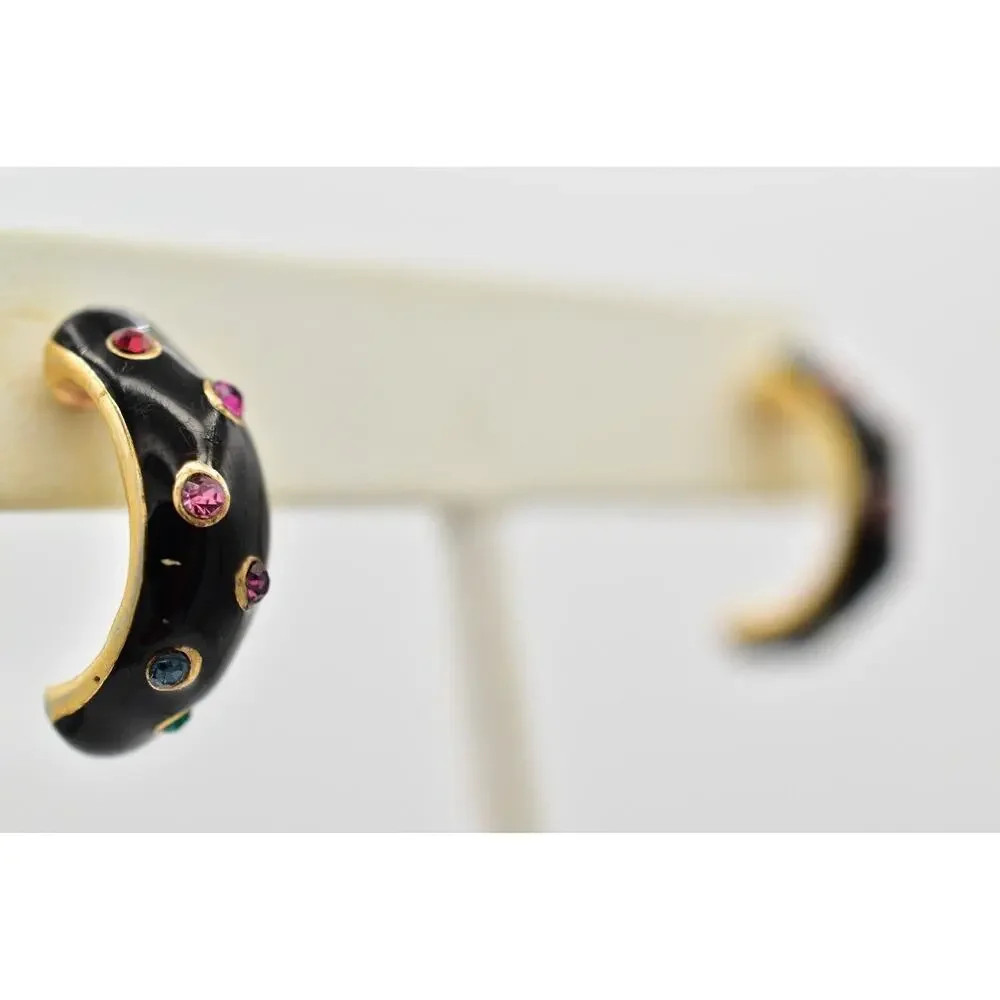 Vintage Dangle Crystal Hoop Earrings Black Enamel Multi-Color NOS 1980s 9L
